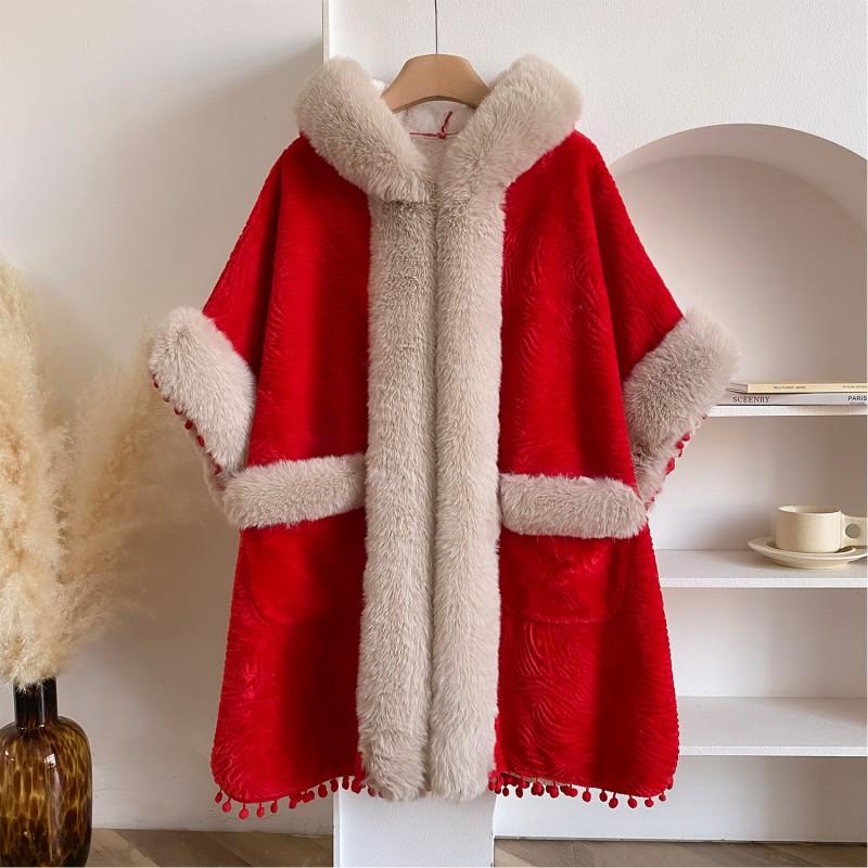 Womens Winter Plaid Oversized Cape Coat With Faux Fur Collar Warm Thickened Fleece Lined Hooded Outerwear