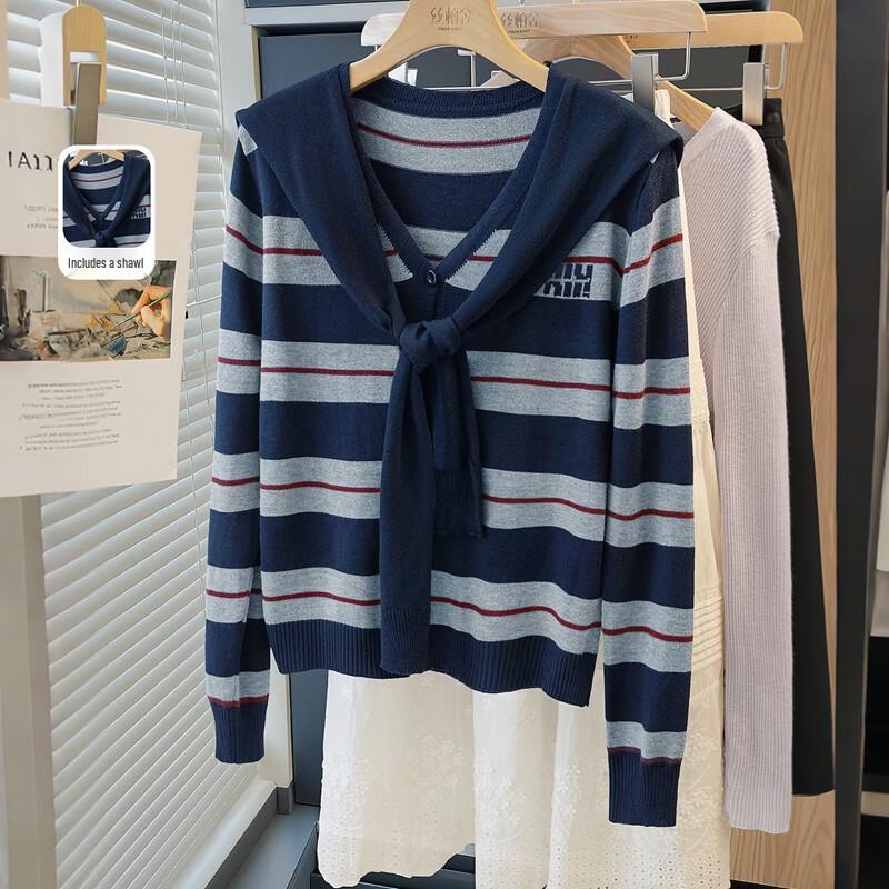 Women s Wool Blend Striped V-Neck Knit Cardigan One Size