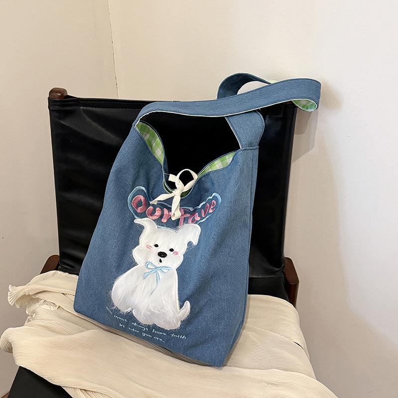 

2025 новая сумка через плечо под мышкой, милая сумка из парусины с щенком, женская ретро джинсовая сумка, студенческая сумка для занятий джинсовый синий