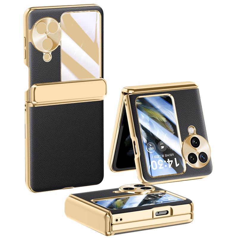 

For Oppo Find N3 Flip 5G Case Leather+PC Electroplating Phone Cover with Tempered Glass Film Black