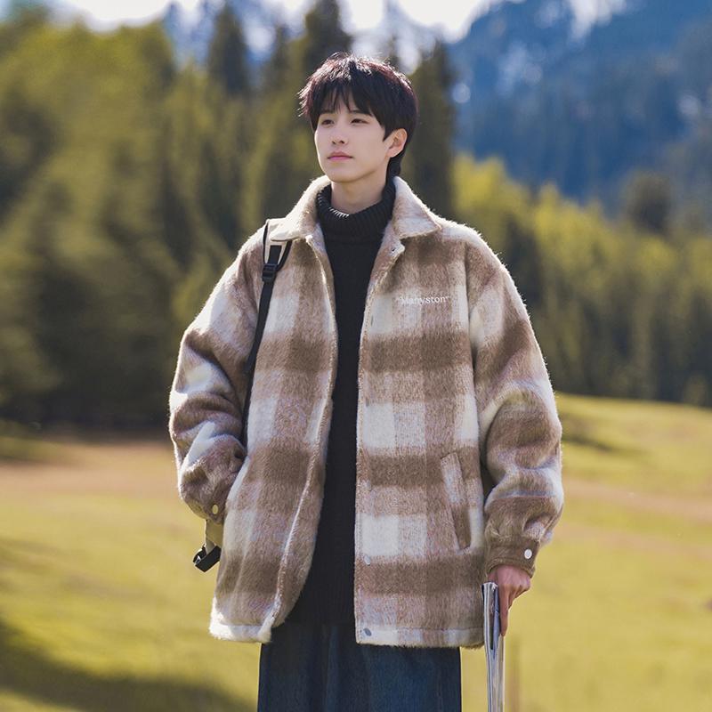 

Мужское твидовое пальто в клетку в стиле ретро 2024 года: Корейская преппи куртка в осенне-зимнем стиле 2XL хаки