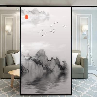 Static Cling Privacy Window Film  Decorative Ink Painting Style Window Treatments Window Coverings Glass Sticker for Home