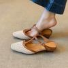 Thick Heel 3cm New French Color Matching Commuter Thick Heel T-belt Woven Hollow Bag Head Cool Slippers Women's Bag Head Half Drag