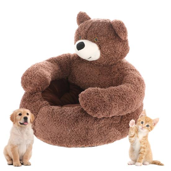 Pat pentru câine ursuleț de pluș, cald, pufos, canapea pat pentru pisici cu brațe, antiderapant, detașabil, lavabil, pat confortabil ursuleț pentru pisici, câini