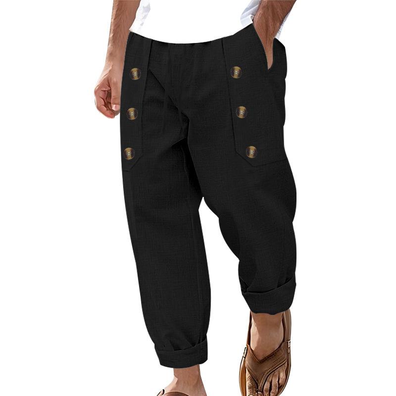 Fashion Men's Casual Trousers Beach Men's Casual Multi-button Cotton Linen Loose Trousers Men