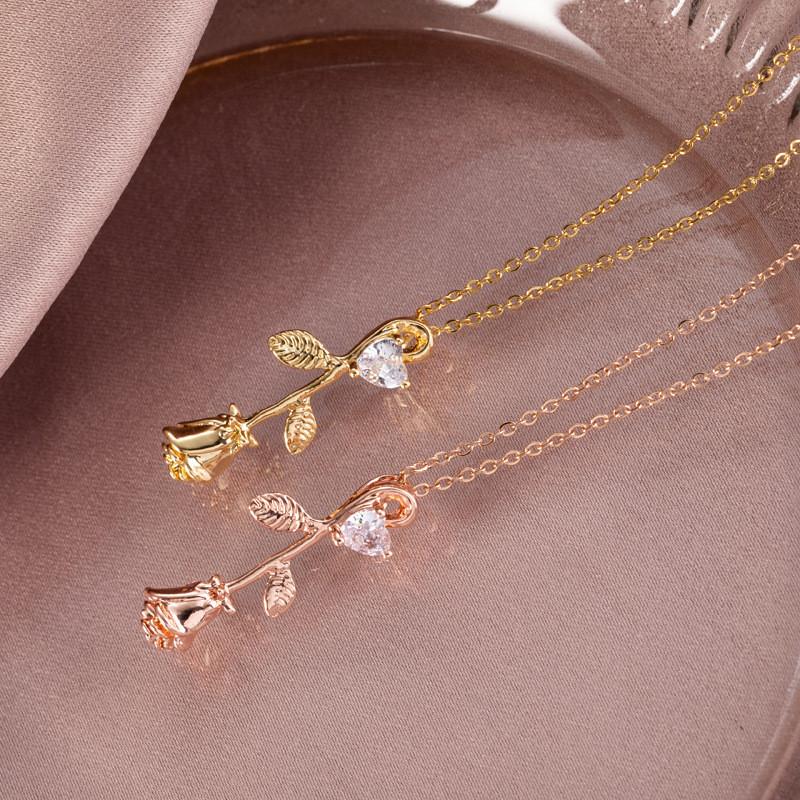 Hot Sell Rose Crystal Pendant Necklace Fashion Flower Charms Stainless Steel Choker Jewelry Party Gifts For Women Girls