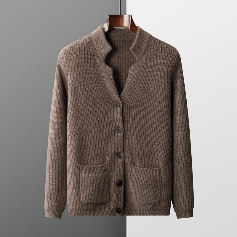 Autumn And Winter Men'S Clothing Thickened Stand-Up Collar Solid Color Cashmere Jacket Loose Casual Middle-Aged Cashmere Knitted Cardigan