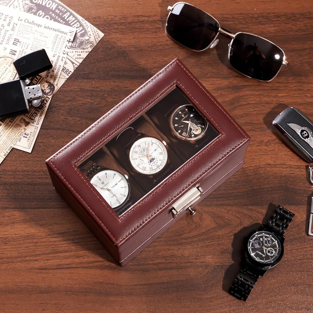 ProCase Watch 3 Slot Watch Display Case with Watch Case with Glass 2 Layer Jewelry Storage Holder Organizer Men's Box, Drawer, Men's Lid,
