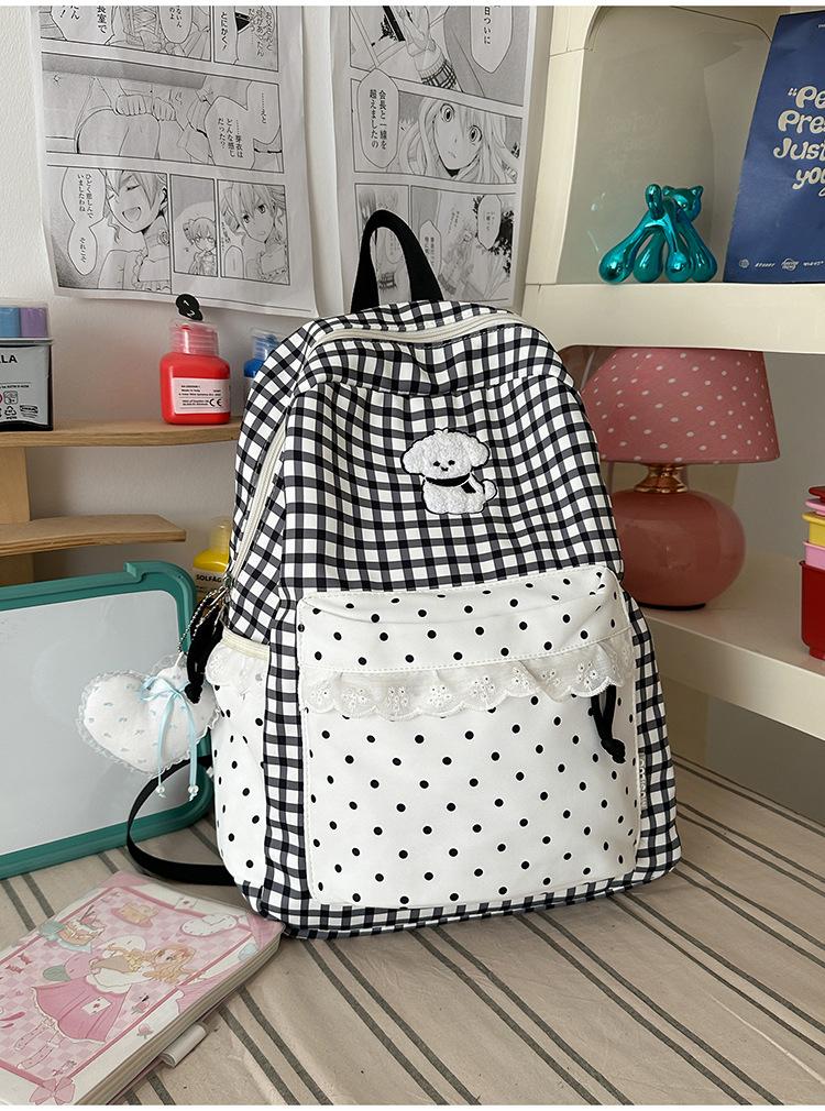 Schoolbag summer fresh blue and white grid small polka dot backpack soft cute puppy embroidery sweet age-reducing student party travel small backpack