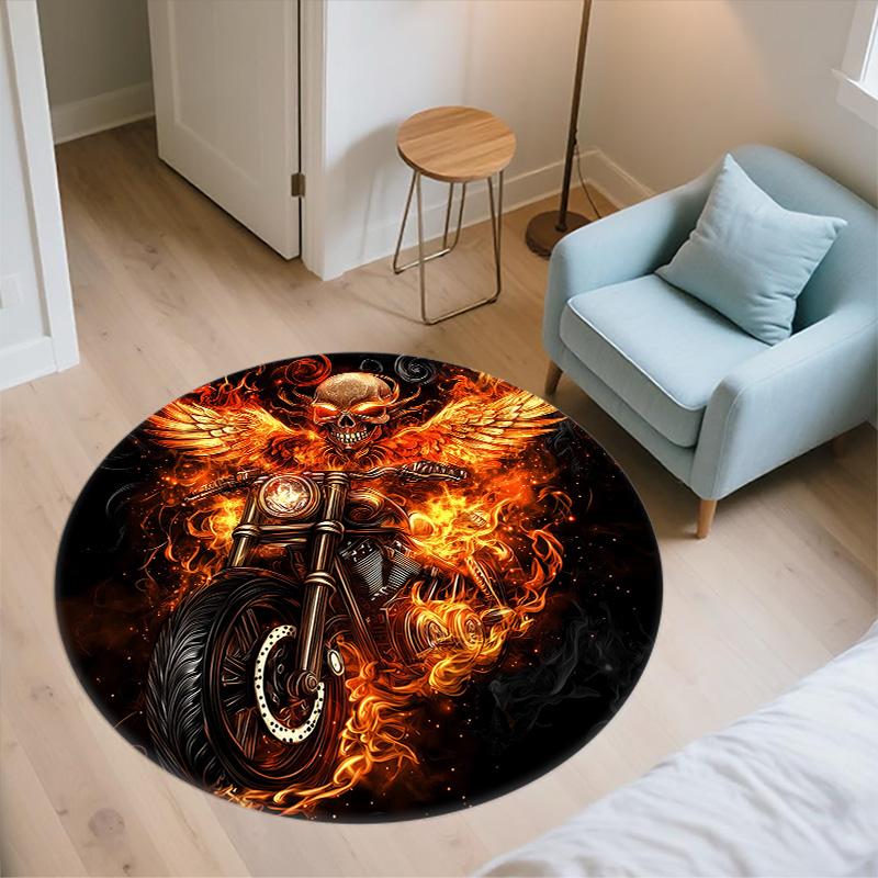 Flame Motorcycle,Round Area Rug,Carpet Rug for Living Room Bedroom Sofa Playroom Decor,Non-slip Floor Mat