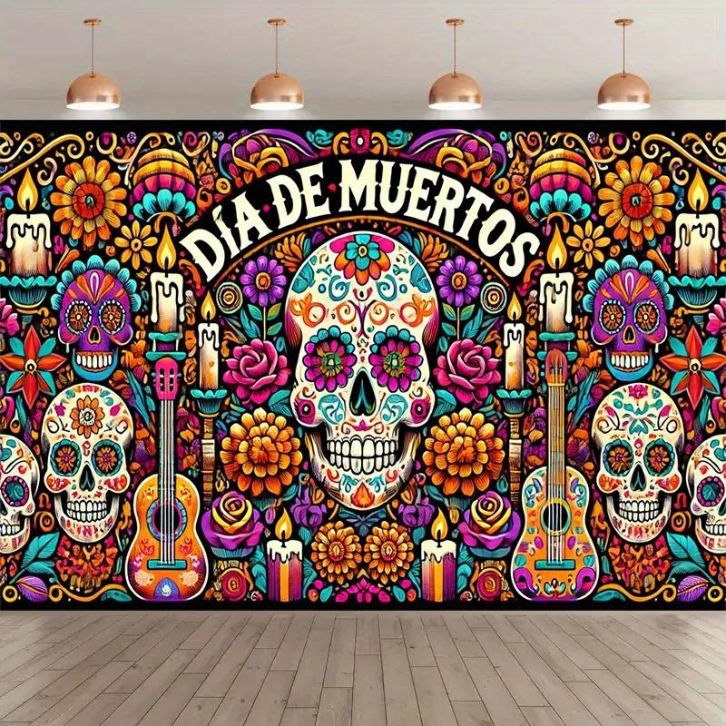 1 item Halloween party banner - a colorful polyester backdrop with traditional skull patterns