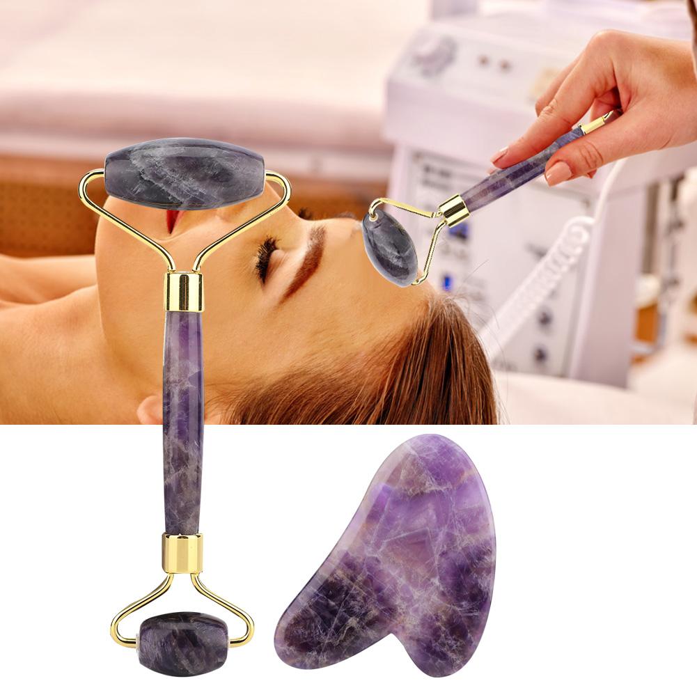Natural Amethyst Double Head Jade Stone Roller & Guasha Scrapping Plate Face Massage Tool Kit