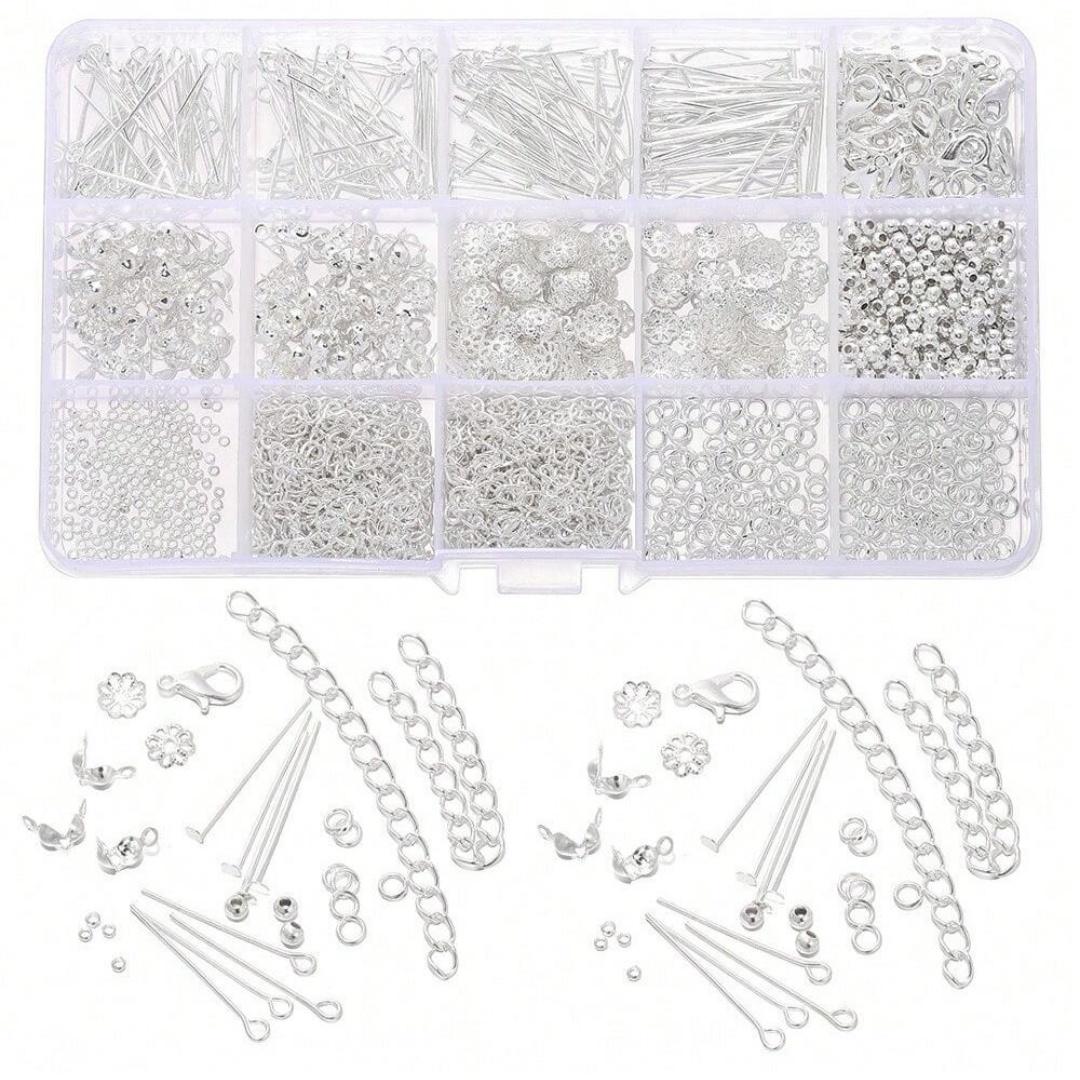 

15 Grid DIY Jewelry Making Metal Accessories Material Set - 1260pcs/Box for Handmade Bracelet, Earrings & Necklace серебряный