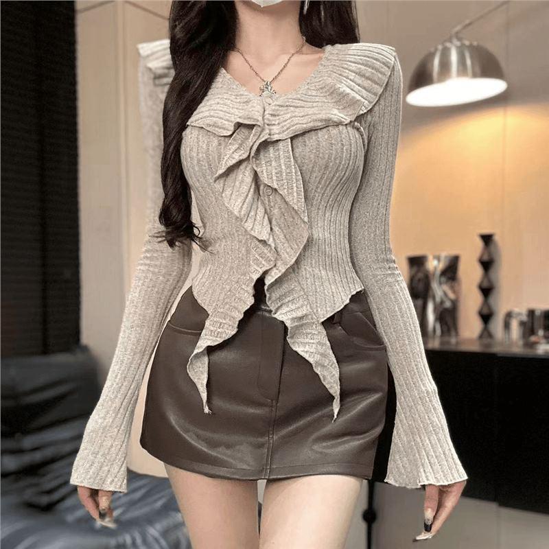

Women s Autumn Slim-fit V-neck Ruffle Long Sleeve Top Small хакі