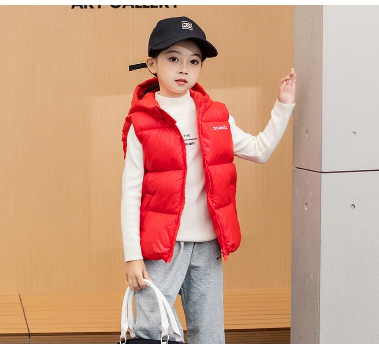 Kids' Hooded Wash-Free Down Vest for Fall/Winter, Unisex Outerwear Gilet, Medium To Large Sizes