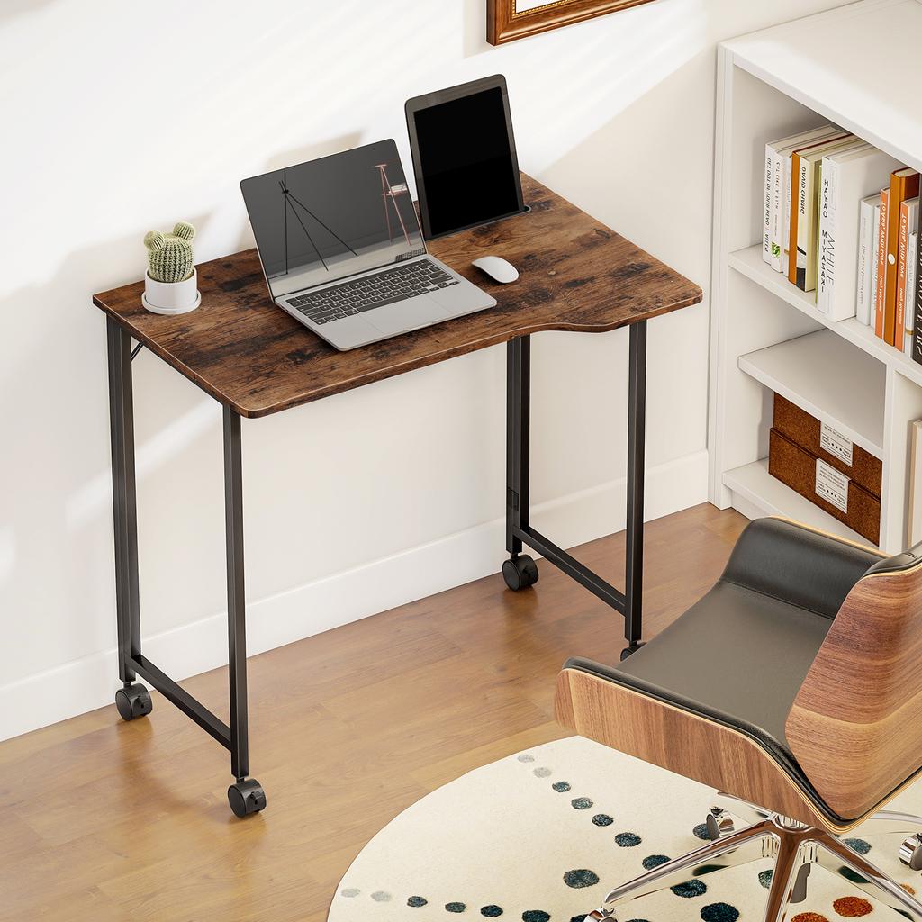 Folding Computer Desk on Wheels, 80 x 52 cm, Device Slot, Brown