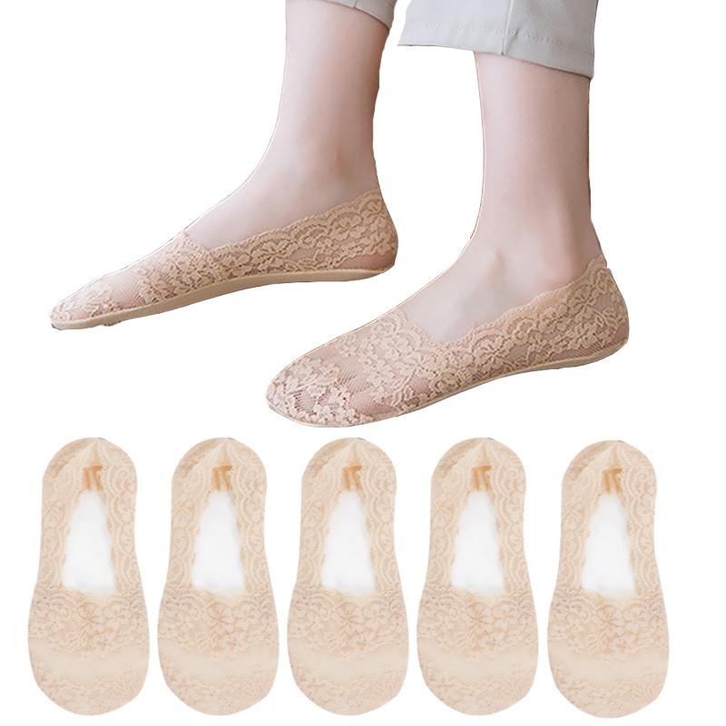 New Women Lace Socks Shallow Mouth Slipper Cotton Female Socks Bottom Silicone Non-slip Invisible Cute Socks Set 5 Pairs
