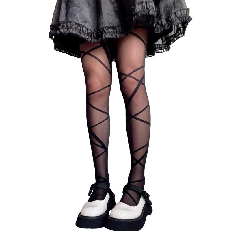 Women Irregular Crossed Strappy Jacquard Silky Tights Stockings Japanese Style JK Princess See Through Pantyhose Legging
