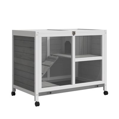 Wooden Rabbit Hutch Indoor with Wheels, Openable Roof, 91.5 X 53.3 X 73 Cm, Grey