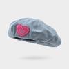 Women's Pink Denim Beret Hat - Heart Love Octagonal Cap Soft Artist Painter Hat Korean Sweet Style Solid Cotton - One Size