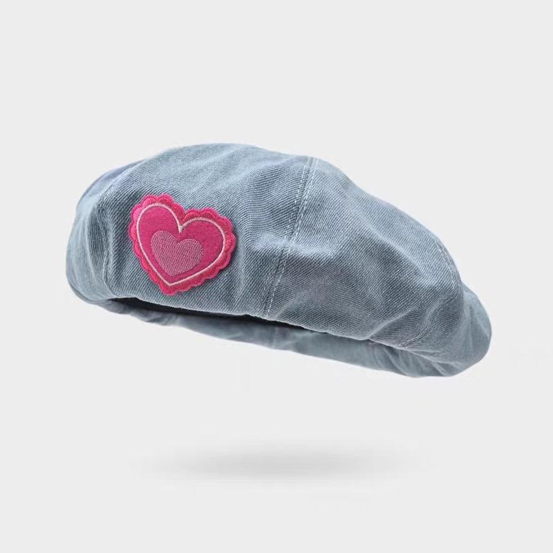 

Розовый берет с сердечком из денима для женщин, милая корейская кепка для газетчика, восьмиугольная кепка для художника из хлопка, однотонные шляпы для художников светло-синий