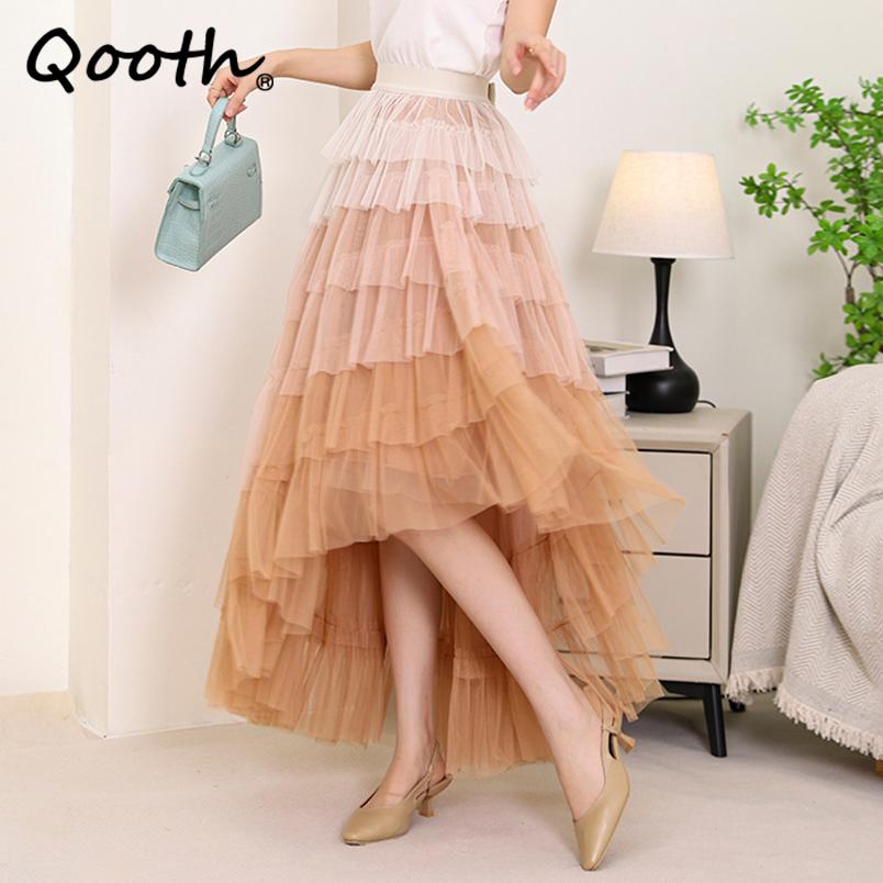 Qooth Fustă lungă din plasă cu tort pufos în gradient, vintage, cu talie elastică, rochie de bal din tifon tul pentru vară QT2222