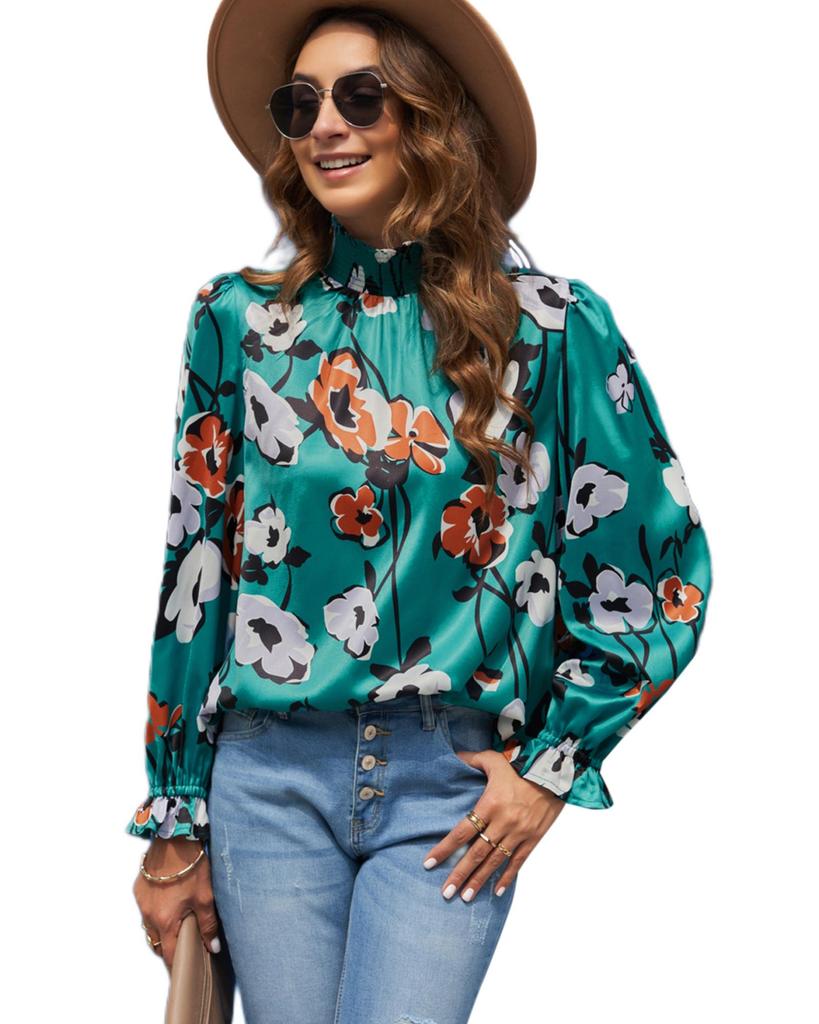 Azura Exchange Printed Smocked Mock Neck Blouse
