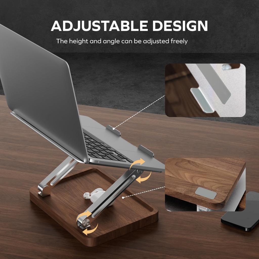 Muso Wood Wooden Laptop Stand for Desk, Laptop Riser with Walnut Storage Base, Adjustable Laptop Stand, Ergonomic Wooden Laptop Ventilation Stand for