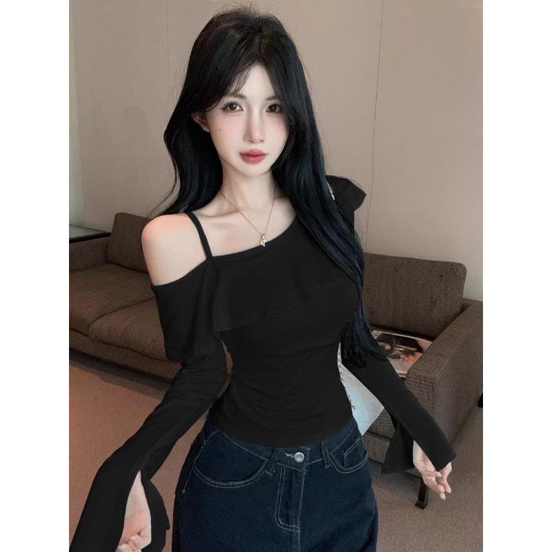 Autumn Sweet & Spicy Korean Ruffled Asymmetrical Camisole T-shirt: Women's Slimming, Versatile Long-sleeve Top