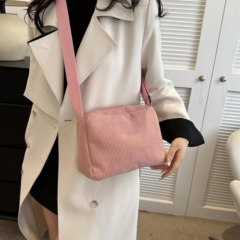 Solid Color Corduroy Shoulder Bag All-match Zipper Handbag Versatile Carry On Crossbody Bag