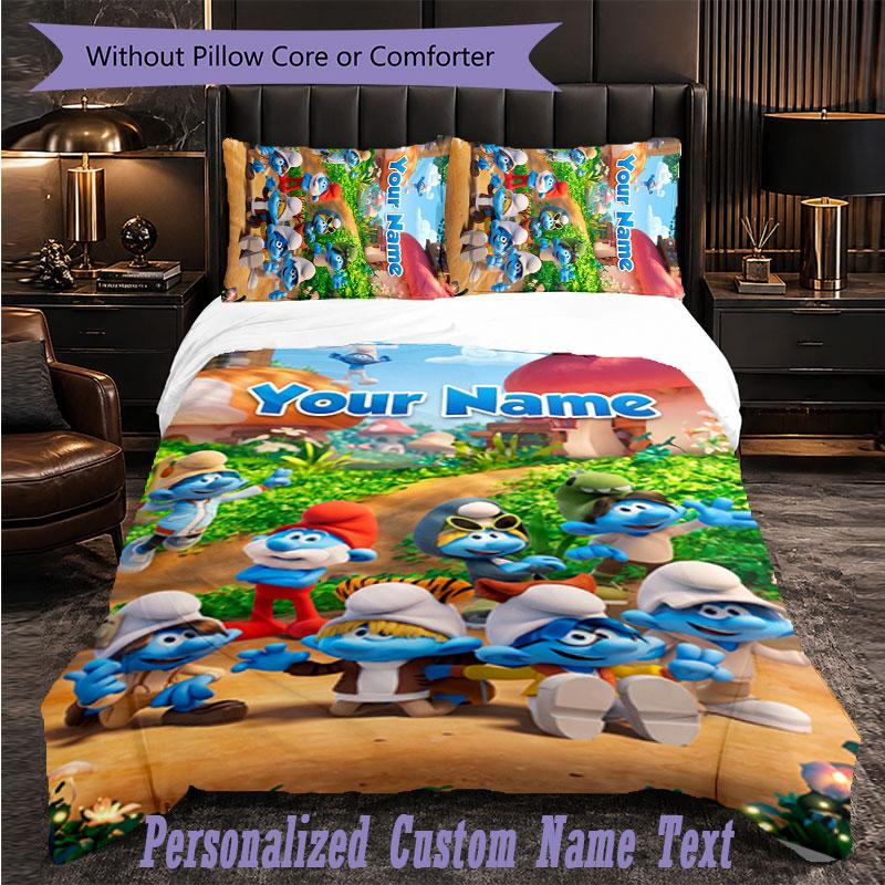 Personalized 3Pcs Bedding SetSmurfs Custom Text Duvet Cover Pillowcase Set Bedroom Gift