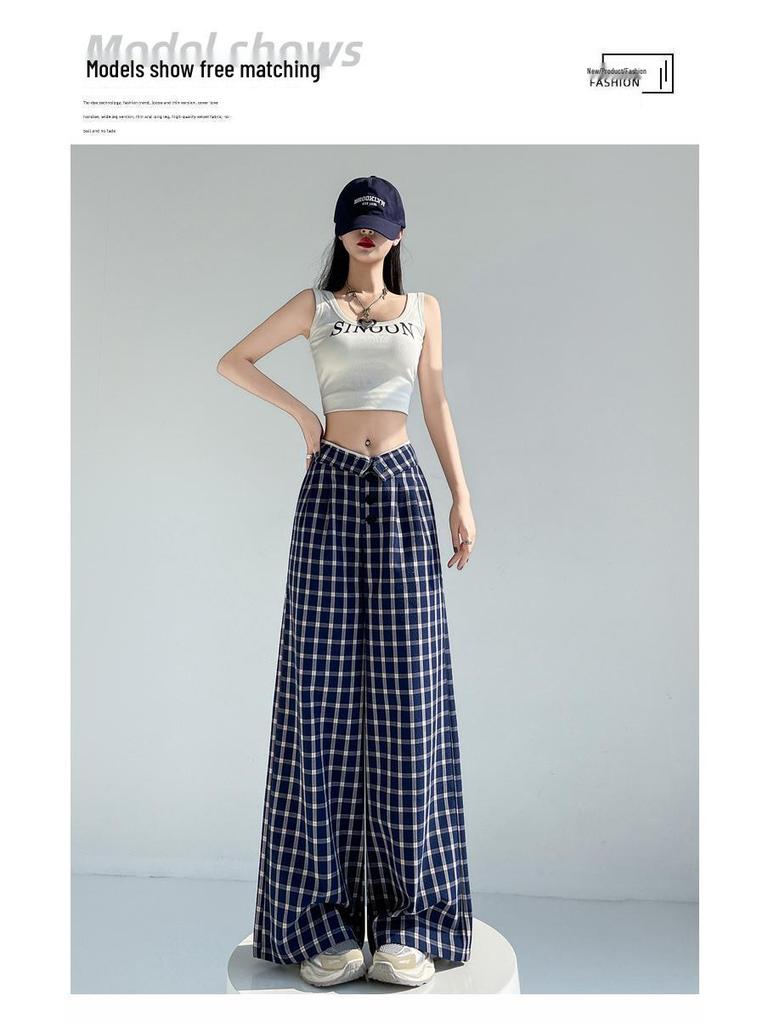 Women's Blue Plaid High-Waist Wide-Leg Summer Pants: New 2026 Fashion, Casual, Floor-Length Drape Design.