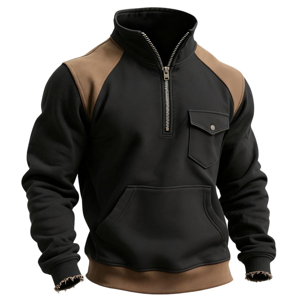 Pánská barevně blokovaná mikina s polovičním zipem, kapsou a stojáčkem Pánská sportovní mikina ve velké velikosti, ležérní mikina se stojáčkem