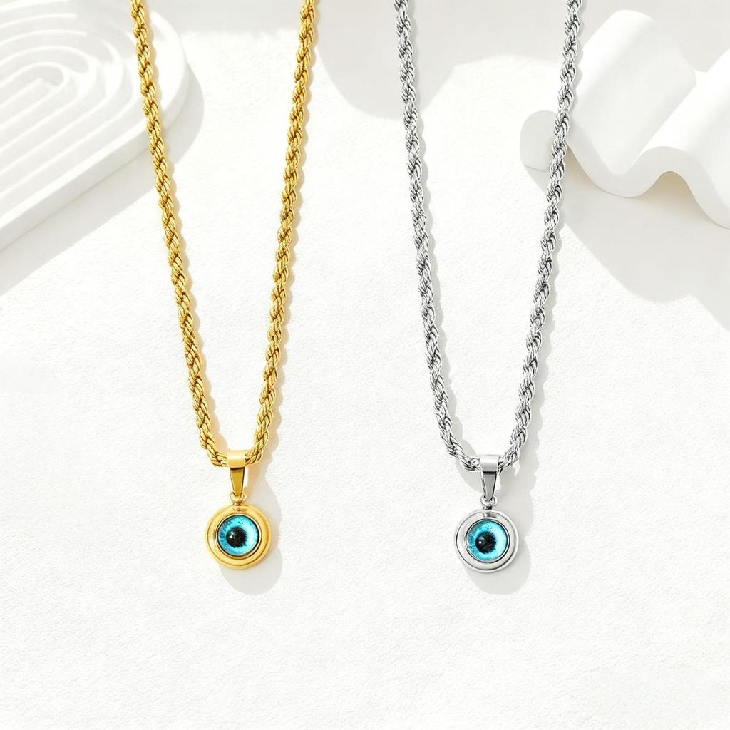 Titanium Steel Rope Chain Necklace with Blue Evil Eye Pendant & 18K Gold Finish