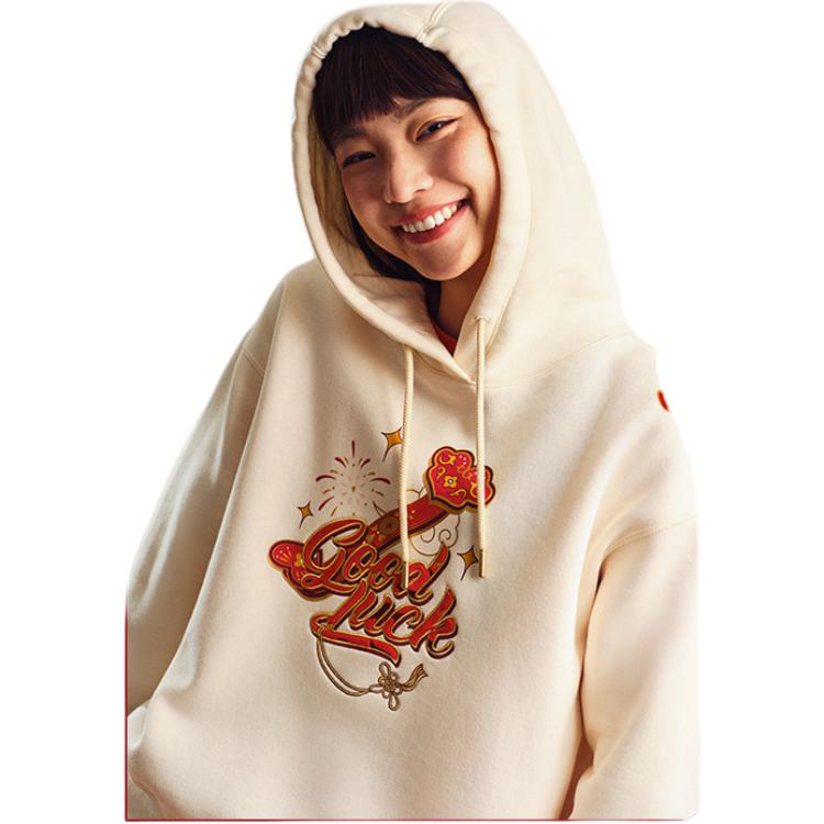 Anta Good Things Happen Series Loose Hooded Fleece Sweatshirt Women sweatshirt Corn-White 162518728N-1