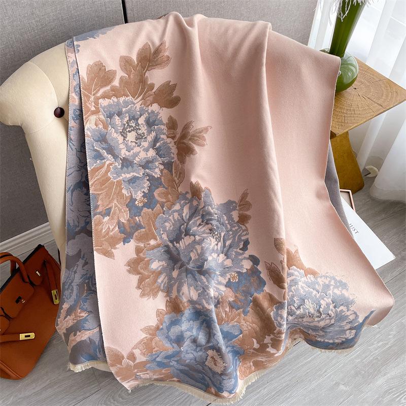New winter cashmere scarf women's peony flower thickened warm scarf retro elegant high-end shawl