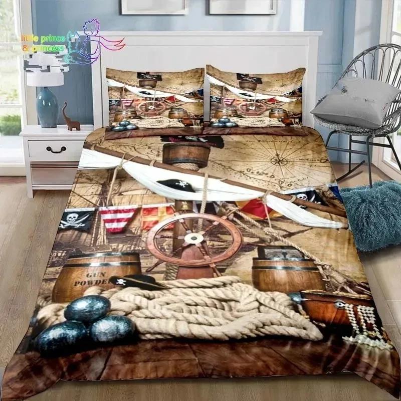 Vintage Pirater Sängkläder Set Enkel Tvilling Full Queen King Size Sängset Vuxna Pojkar Sovrum Pirater Skattkarta Sängkläder Gåva
