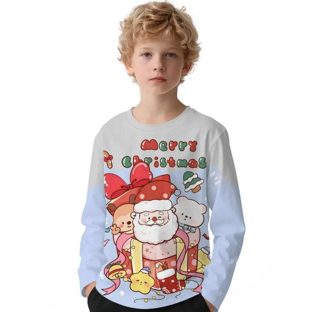 Frühlings- und Herbst-Rundhals-3D-Weihnachtsdruck-T-Shirts Modische lässige langärmlige Kinder-Jungen-T-Shirts