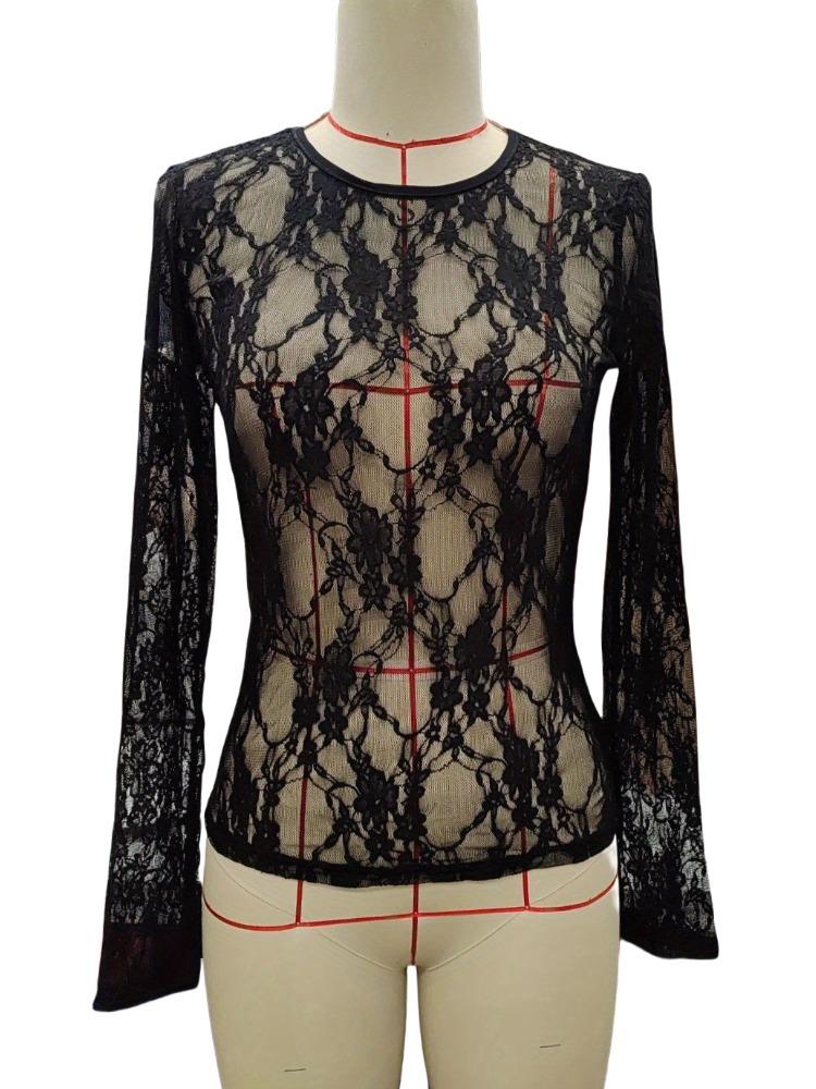 Tricou Elegant cu Dantelă cu Un Singur Strat, Fără Sutiene, Slimming, cu Gât Rotund, cu Mâneci Lungi, Tricouri, Articole de Modă Versatile Esențiale pentru Garderobă, Cămașă