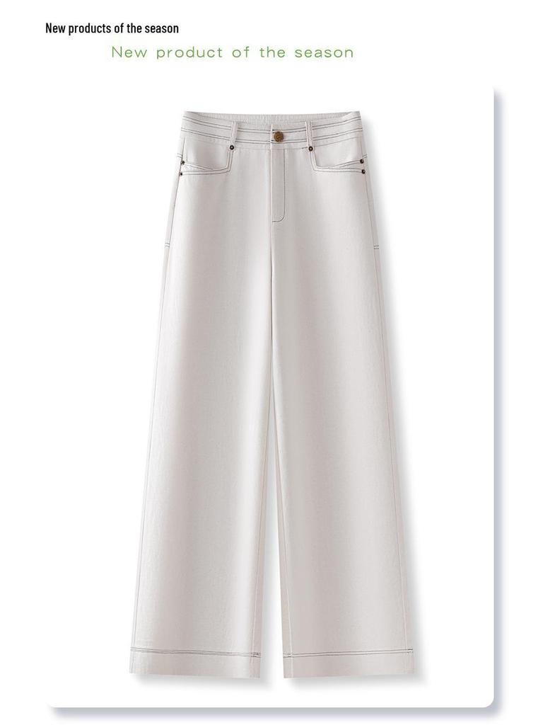 Women's 2025 White High-Waisted Retro Straight-Leg Jeans - Spring/Autumn Pear-Shaped Cropped Wide-Leg Pants