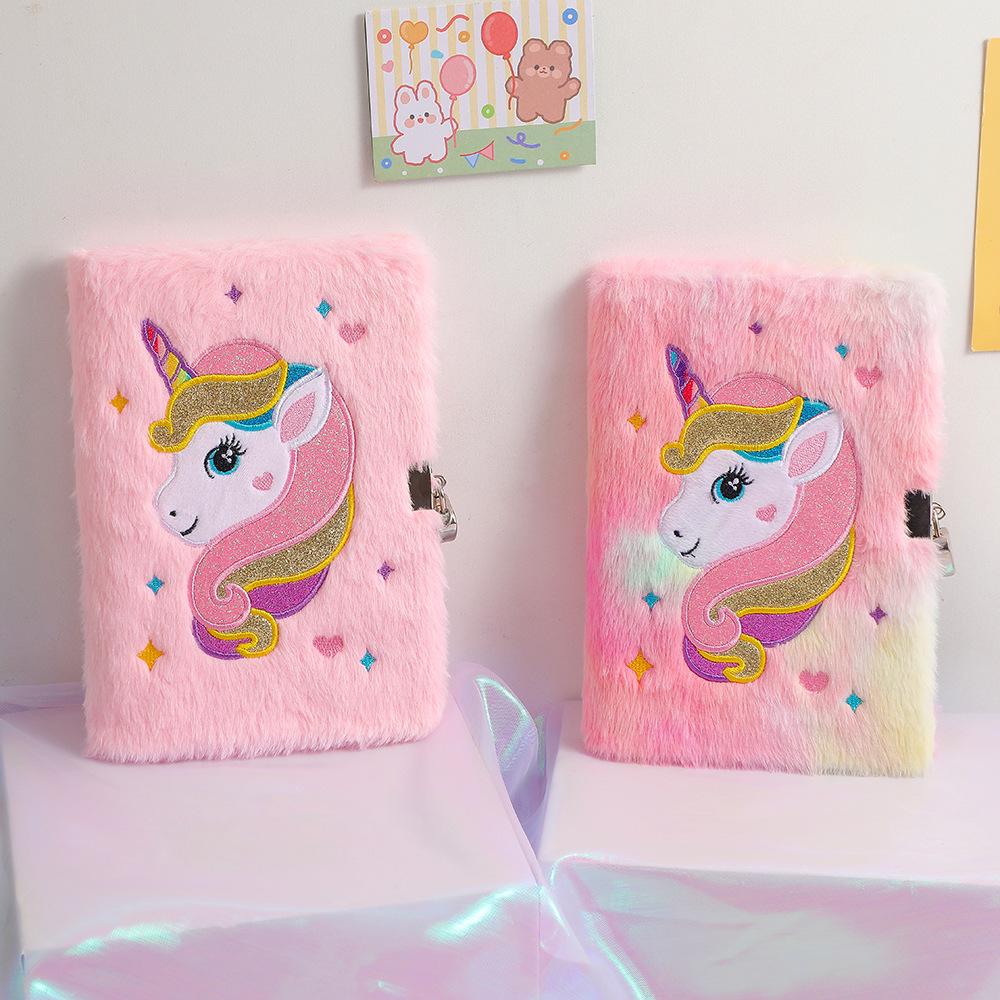 2025 Unicorn A5 Plush Diary with Lock - Cute Cartoon Kids' Writing Notebook