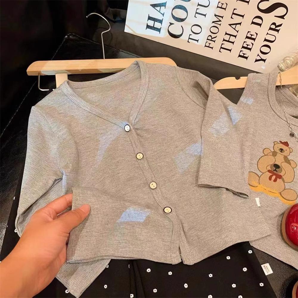 Girls' 2024 Autumn Three-Piece Set: Knitted Cardigan Vest & Polka Dot Pants