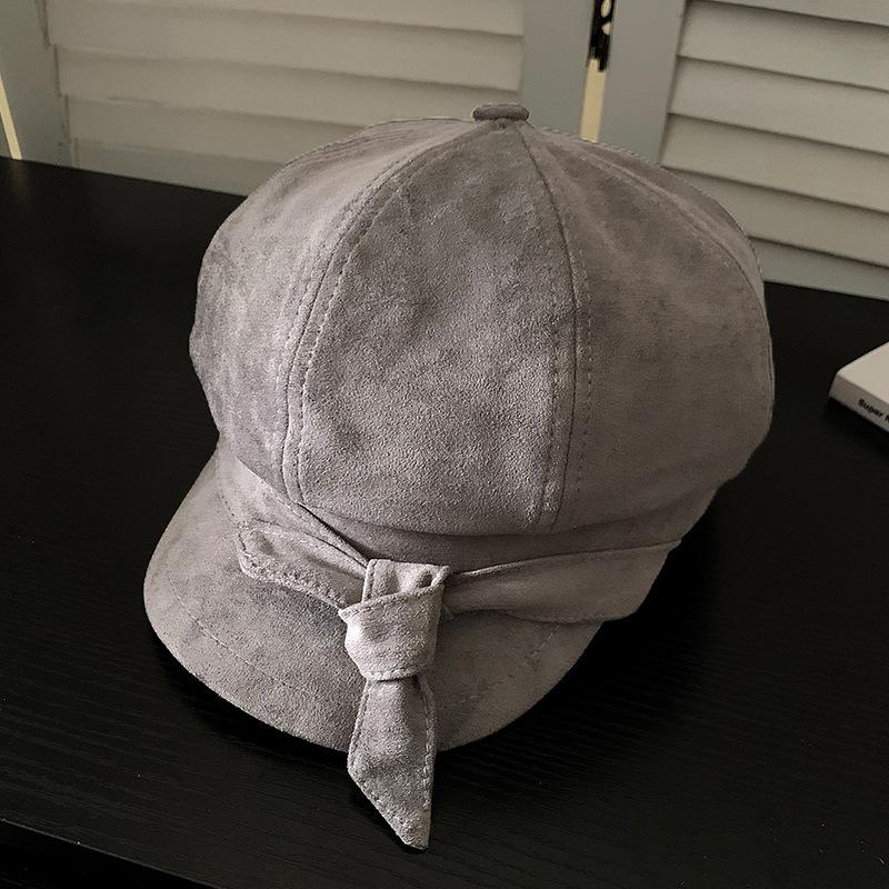 Women S Solid Color Suede Octagonal Hat With Bow For Autumn Winter