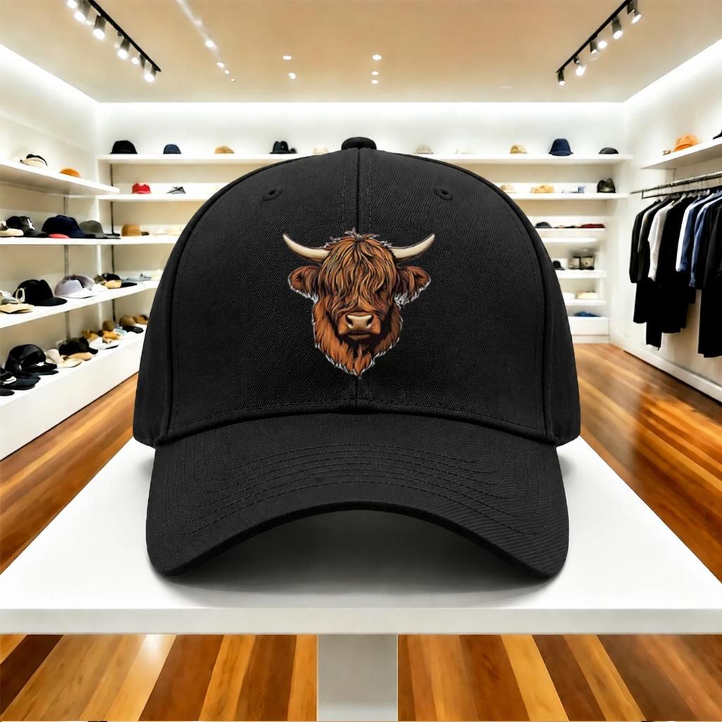 Highland Cow Print Adjustable Baseball Cap for Unisex Women Breathable Duckbill Sun Hat for Travel Camping Daily Wear