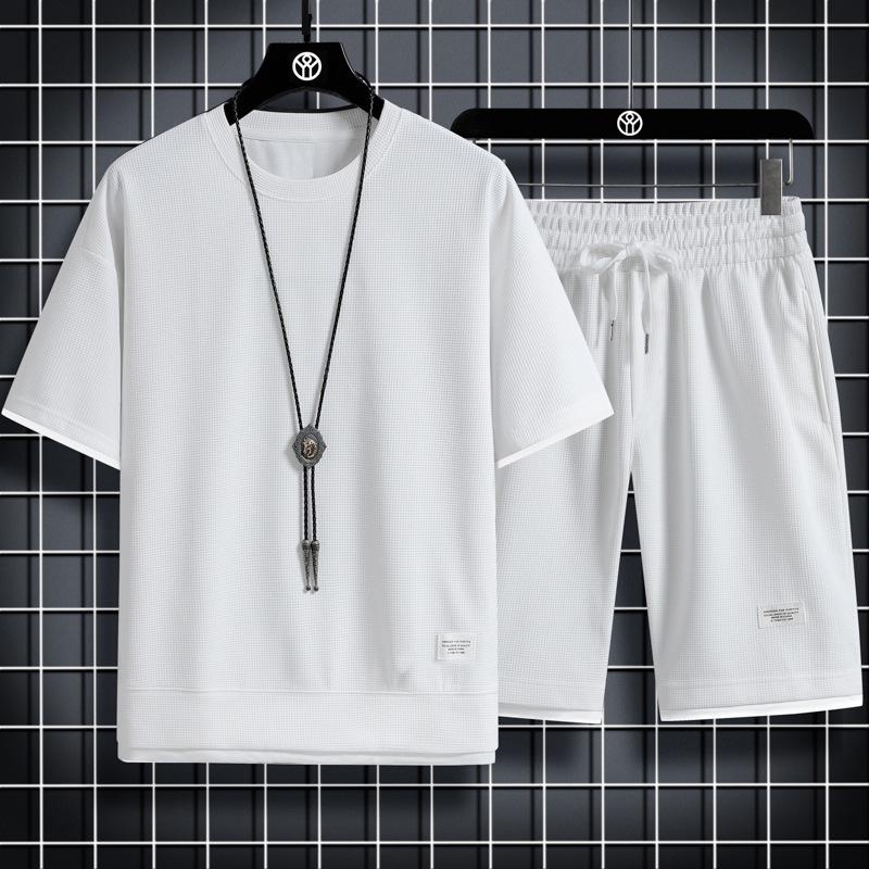 National Men's Summer Waffle Trend Casual Sports Set - Loose, Handsome Short Sleeve Clothing