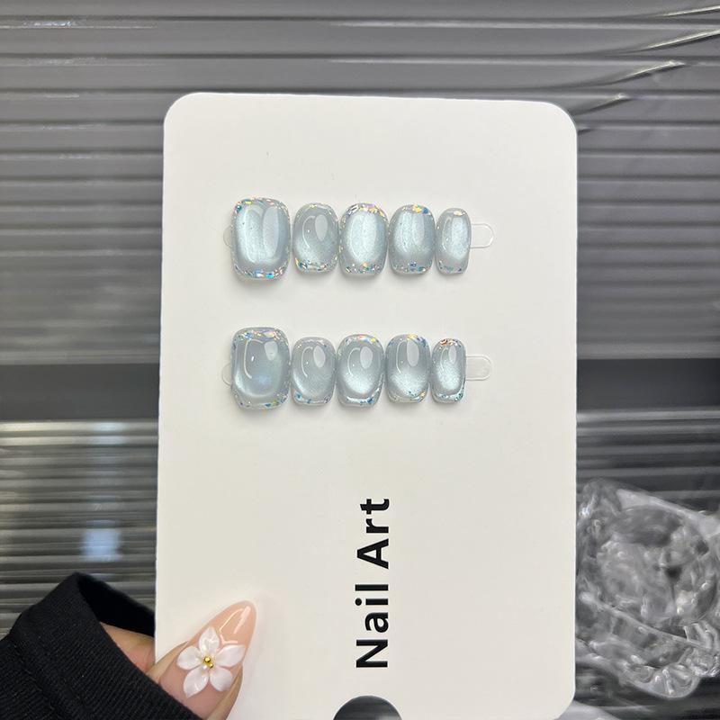 10Pcs Light Blue Cat Eye Short Square Press On Nails Iridescent Glitter Edge Glass Bead Effect False Nails For Women