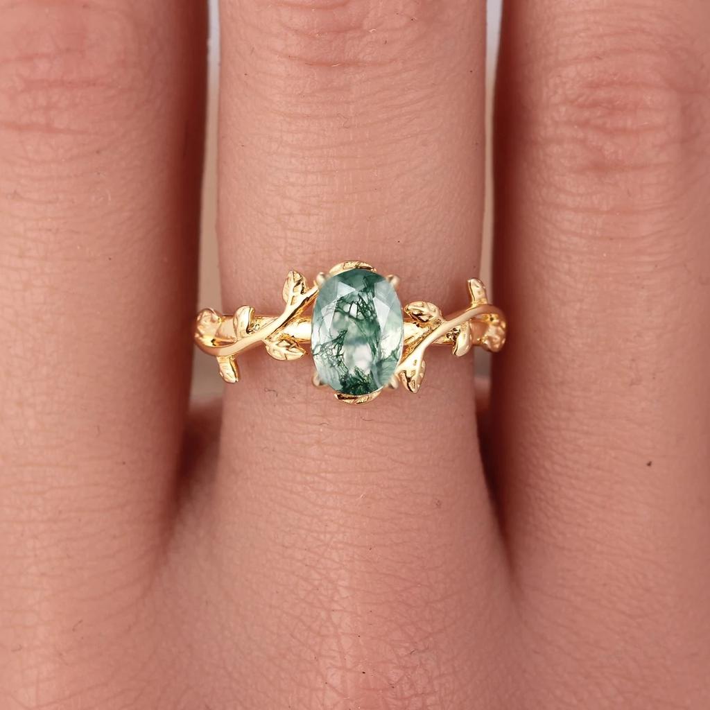 Real 925 Silver Cocktail Oval Shaped Moss Agate Rings Leaf Branch Ring For Woman Wedding Gifts High Quantity Jewelry