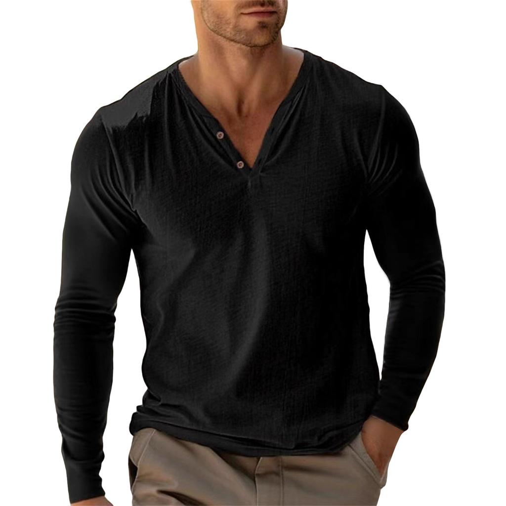 Men's Solid Color Cotton Linen Button Collar Long Sleeve Top Men's Sports Large Size Casual Top