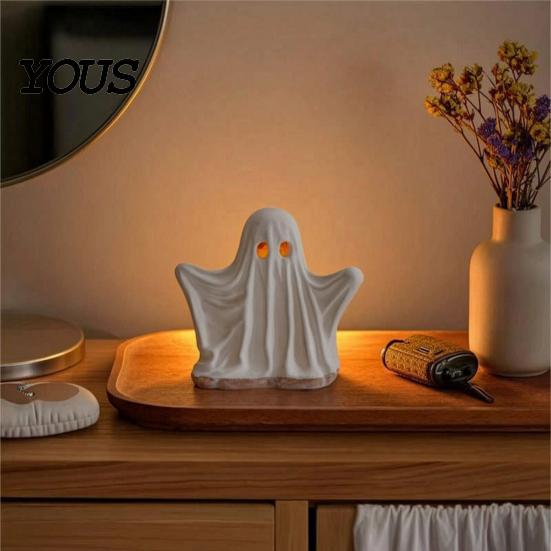 Warm Light Desktop Accents Ghost Ornament with Light, Cute Spooky Luminous Figurine, Creative Halloween Room Resin Night for Tabletop And Window
