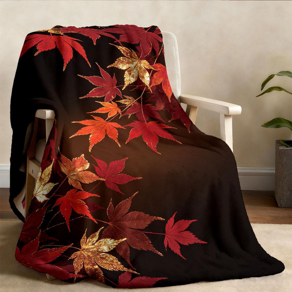 Red Gold Contrast Maple Leaf Flannel Blanket Multi Sizes Soft Casual Sofa Cover Light Nap Blanket For Office Break Daily Ind